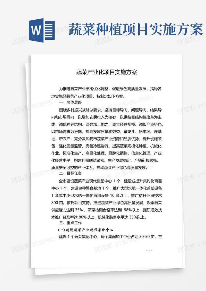 蔬菜产业化项目实施方案