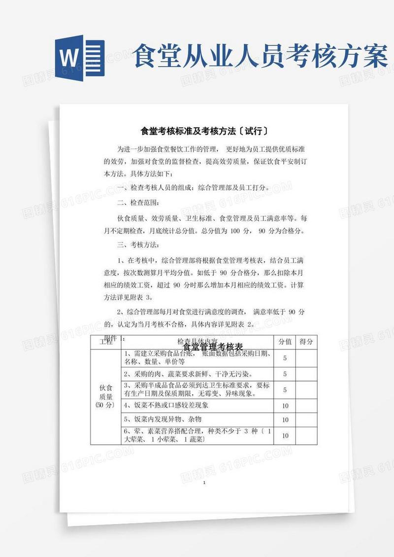 食堂考核标准及考核办法