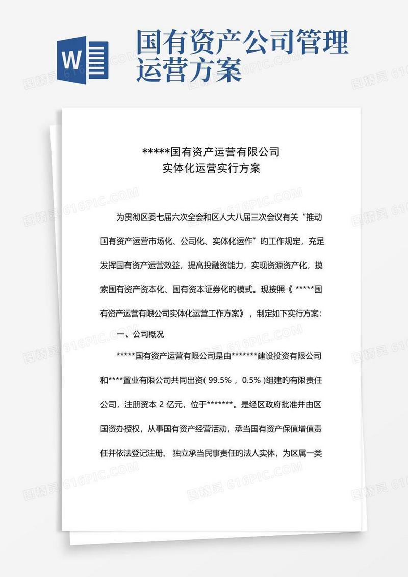 国有资产运营有限公司实体化运营实施专题方案
