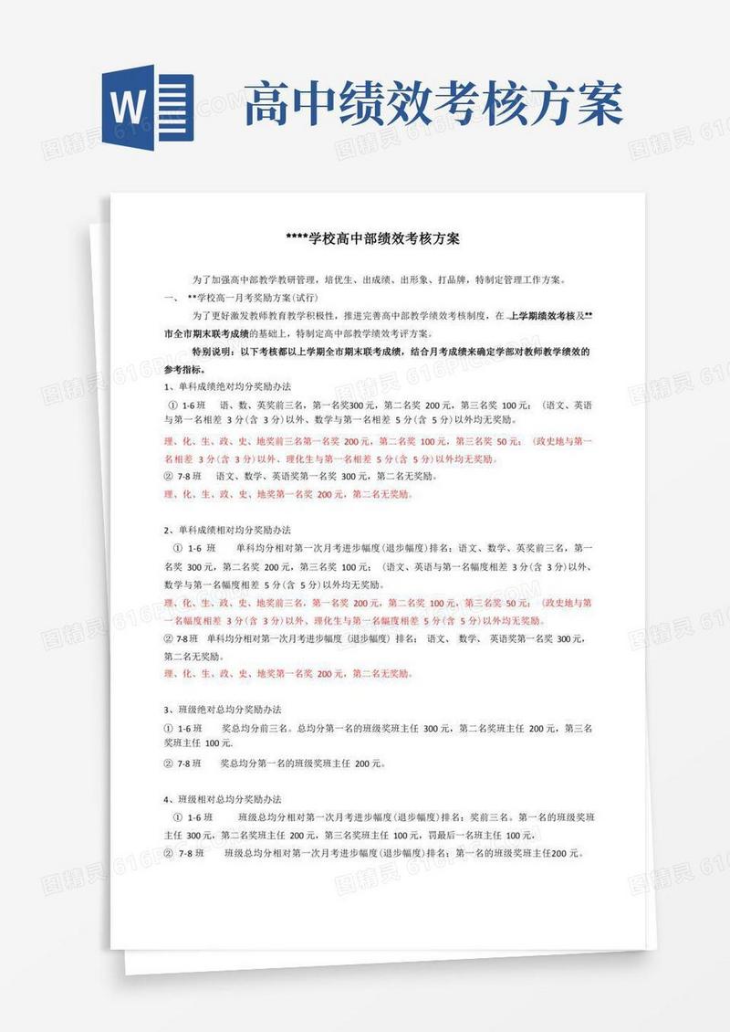学校高中部绩效考核方案