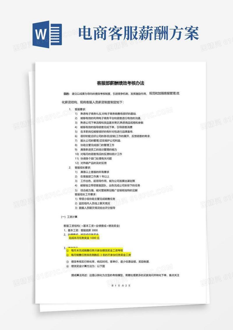 电商淘宝客服部薪酬绩效考核
