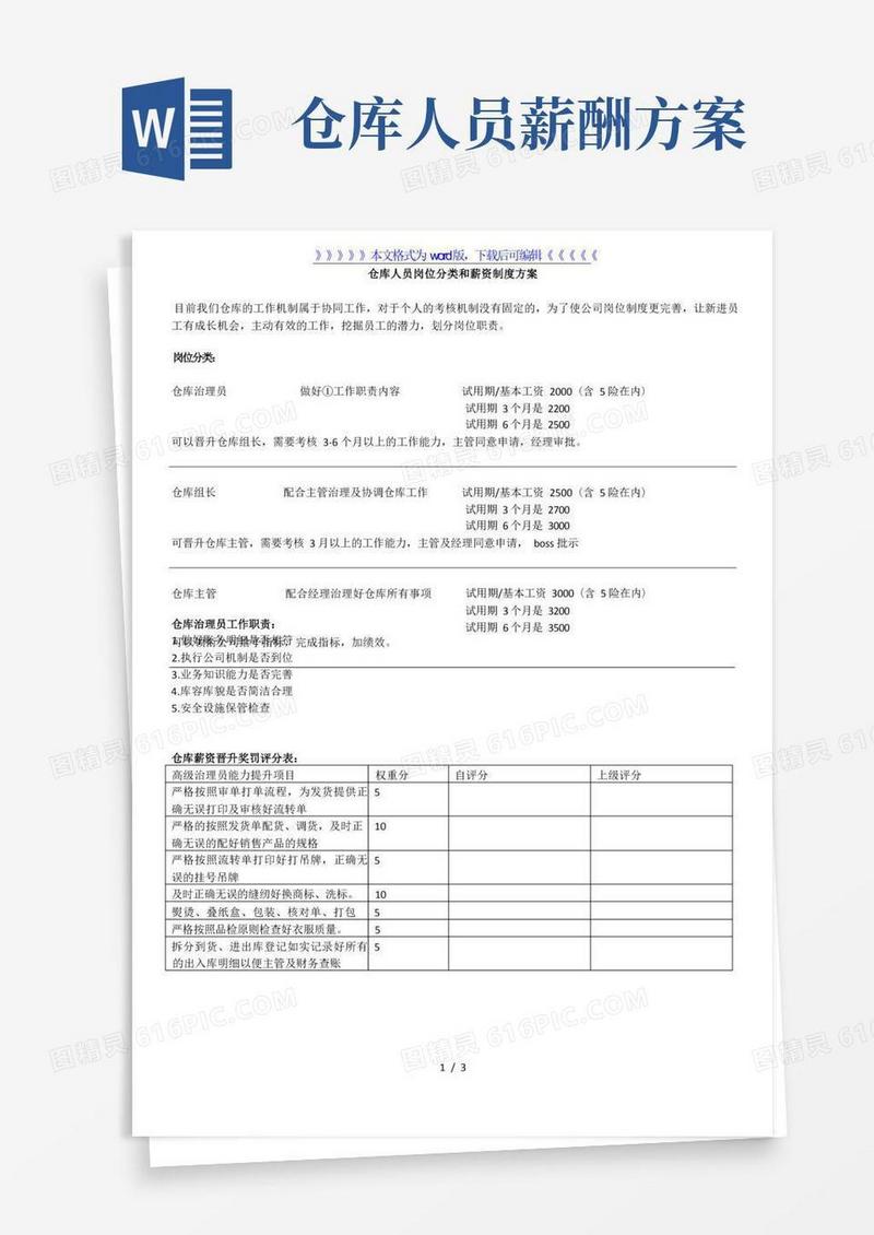 仓库人员岗位分类和薪资制度方案