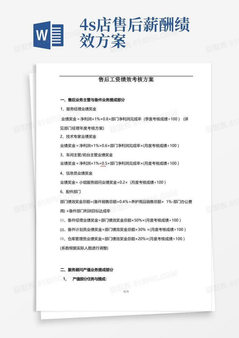 汽车4S店售后服务部工资提成与绩效考核方案