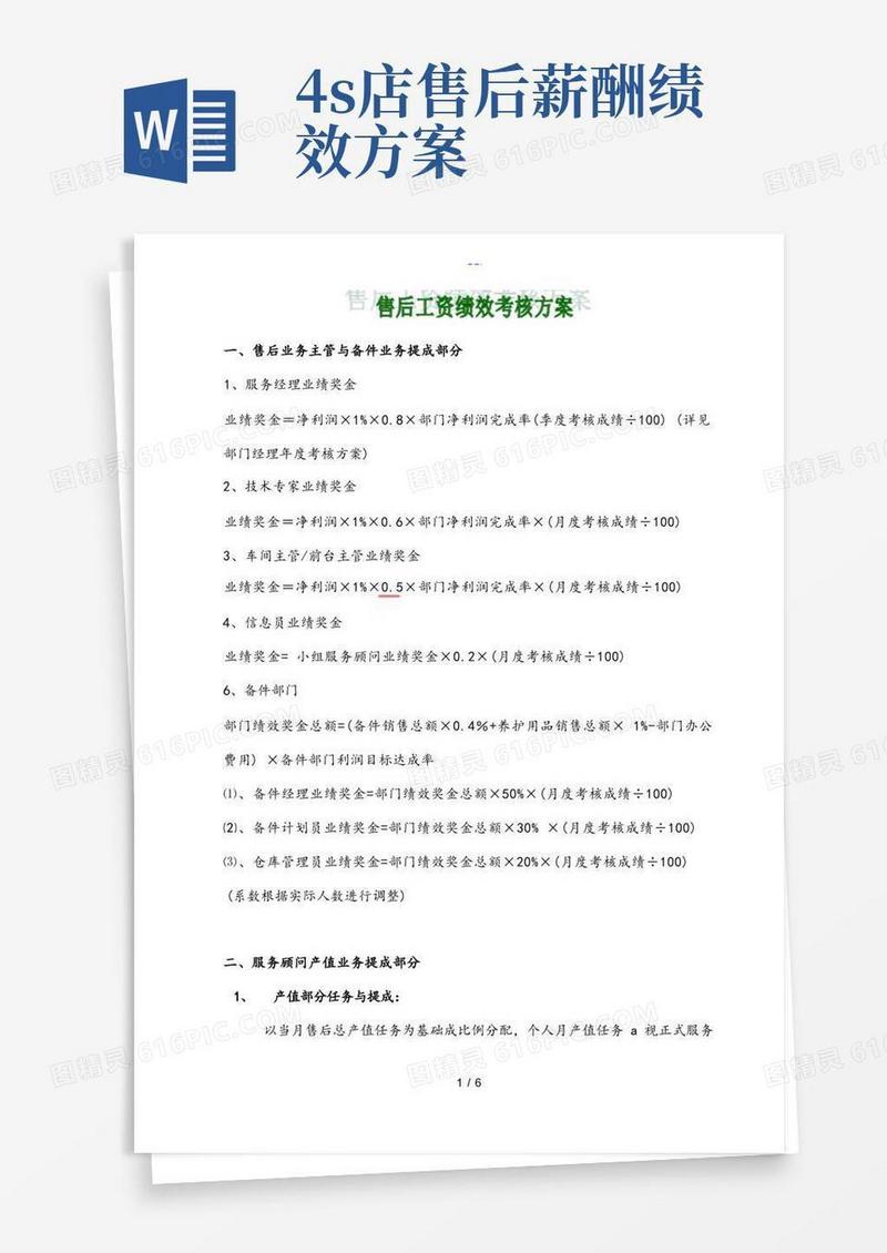汽车4S店售后工资绩效考核方案