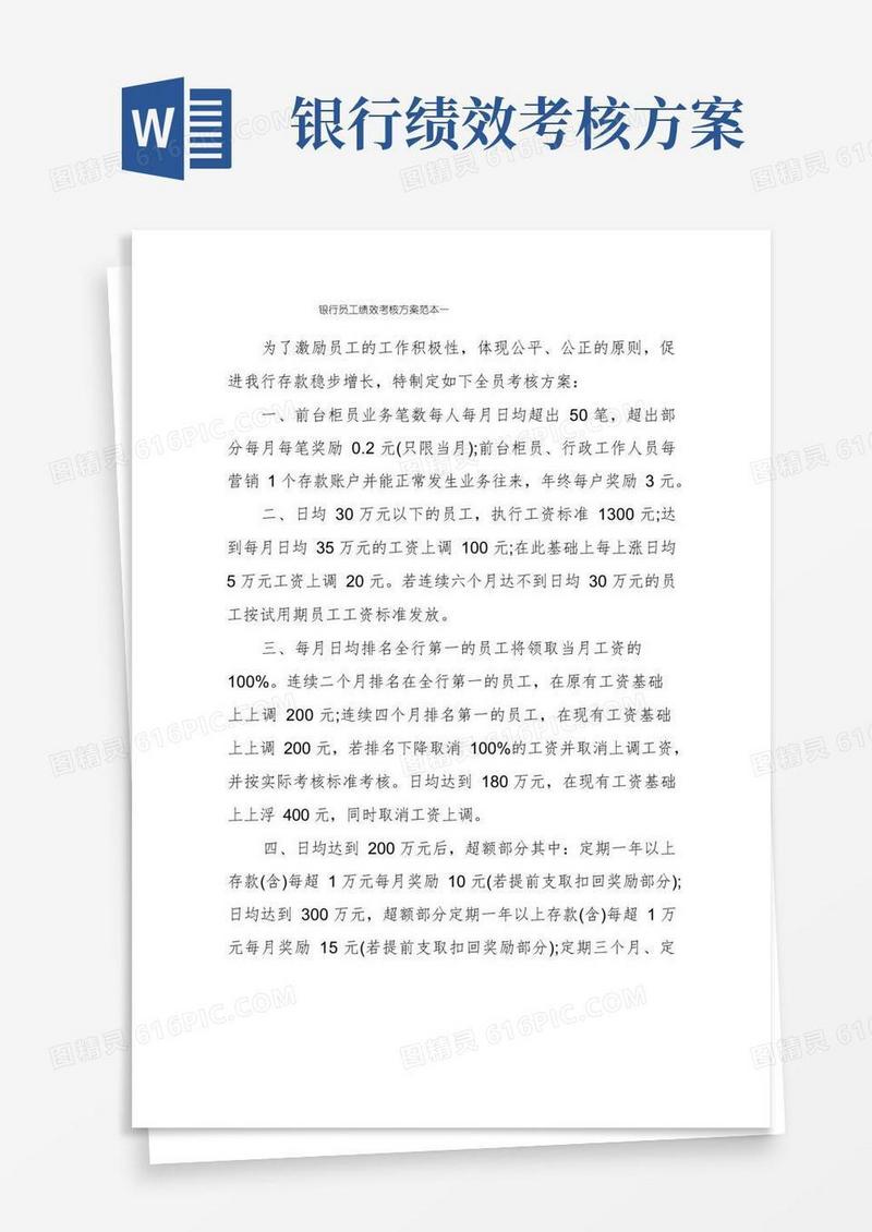 银行员工绩效考核方案范本一