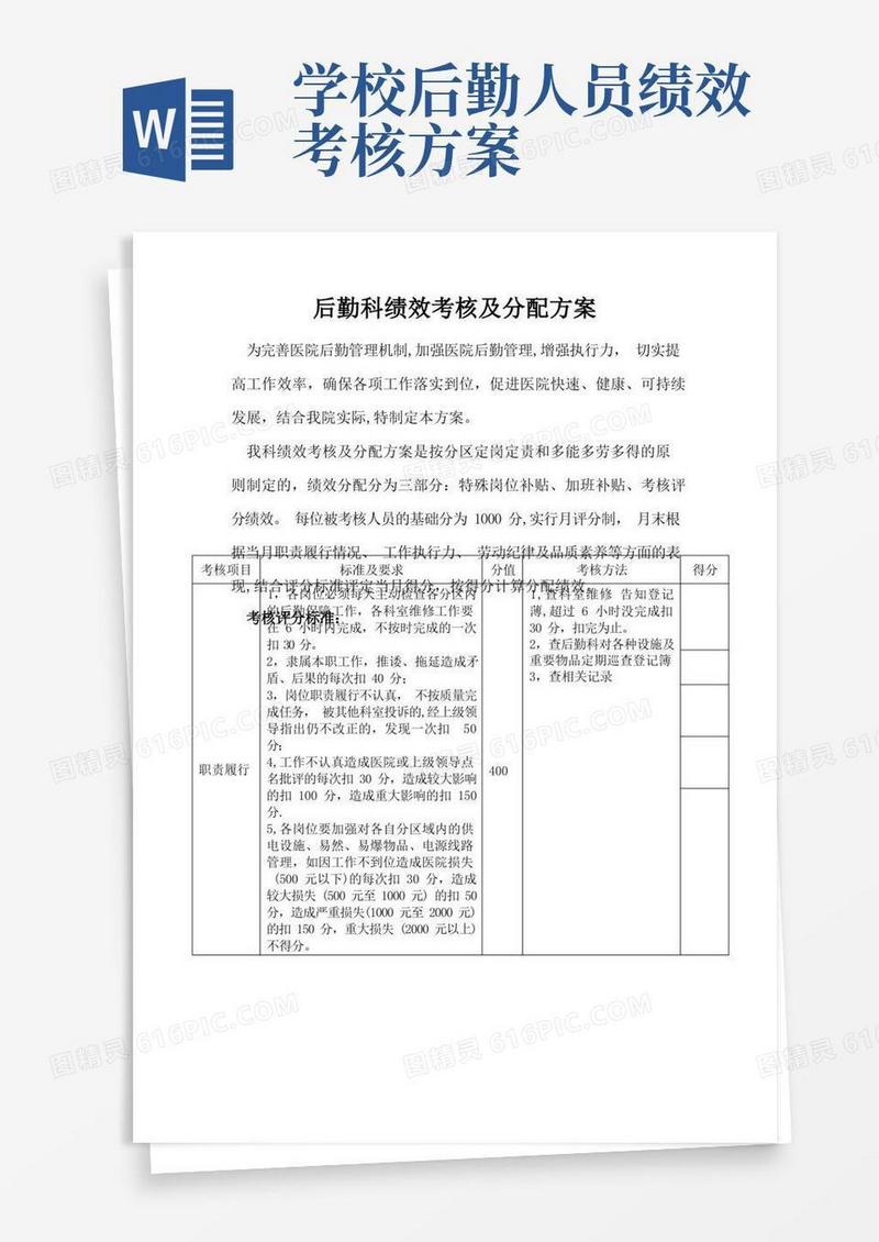 后勤科绩效考核及分配方案