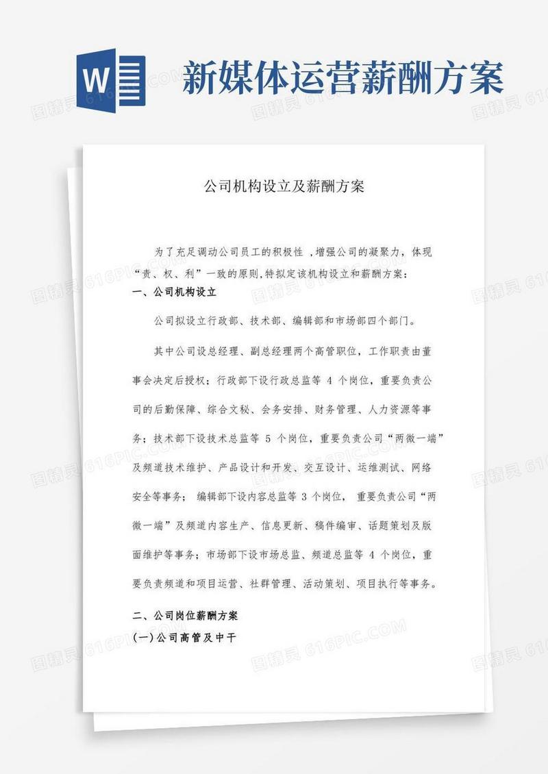 新媒体公司机构设置薪酬方案及激励机制