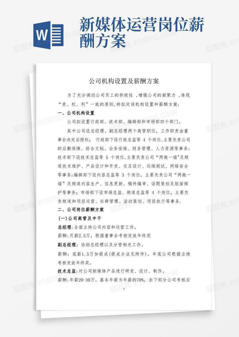 新媒体公司机构设置、薪酬方案及激励机制