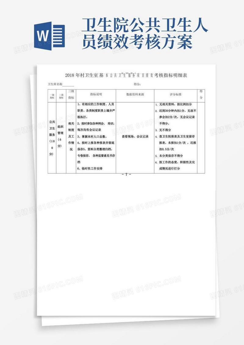 村卫生室基本公共卫生服务项目绩效考核细则