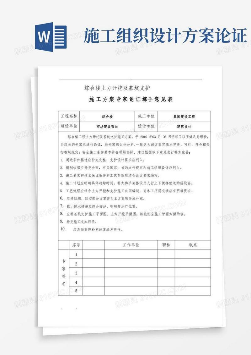 工程施工组织设计方案专家论证综合意见表