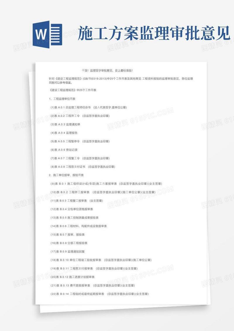 干货！监理签字审批意见，史上最标准版！