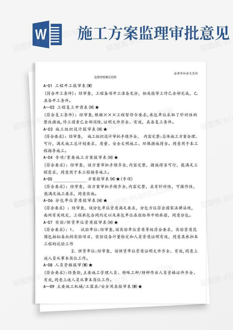 监理审批意见范例