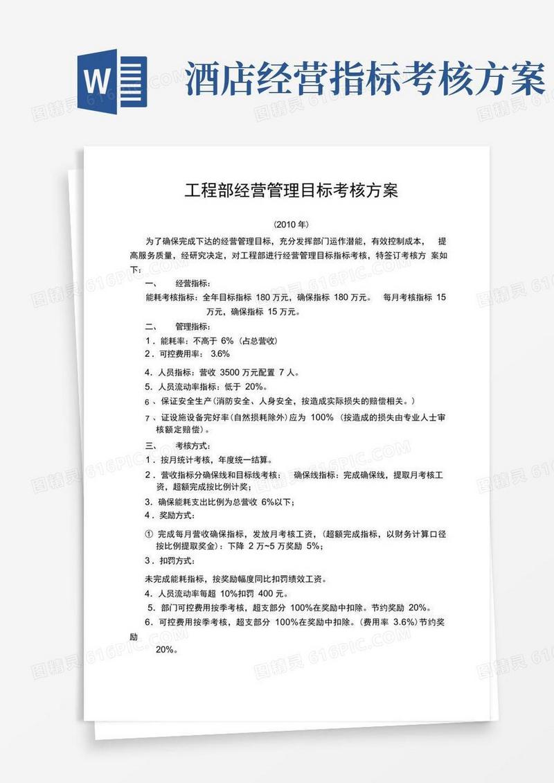 酒店工程部考核方案