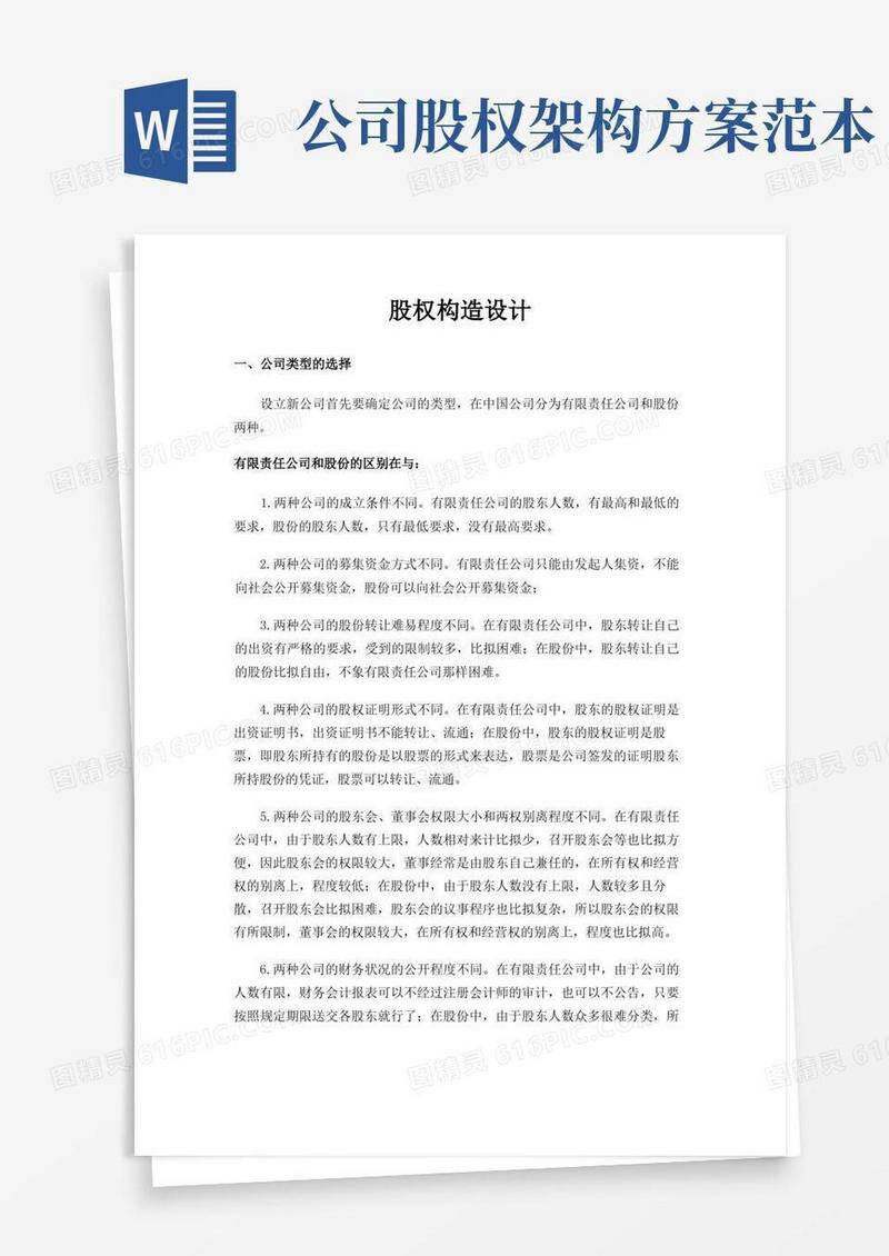 新公司股权结构设计初创公司股权设计方案Word模板