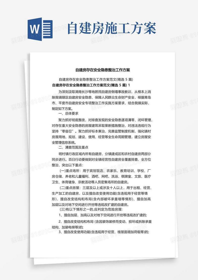 自建房存在安全隐患整治工作方案