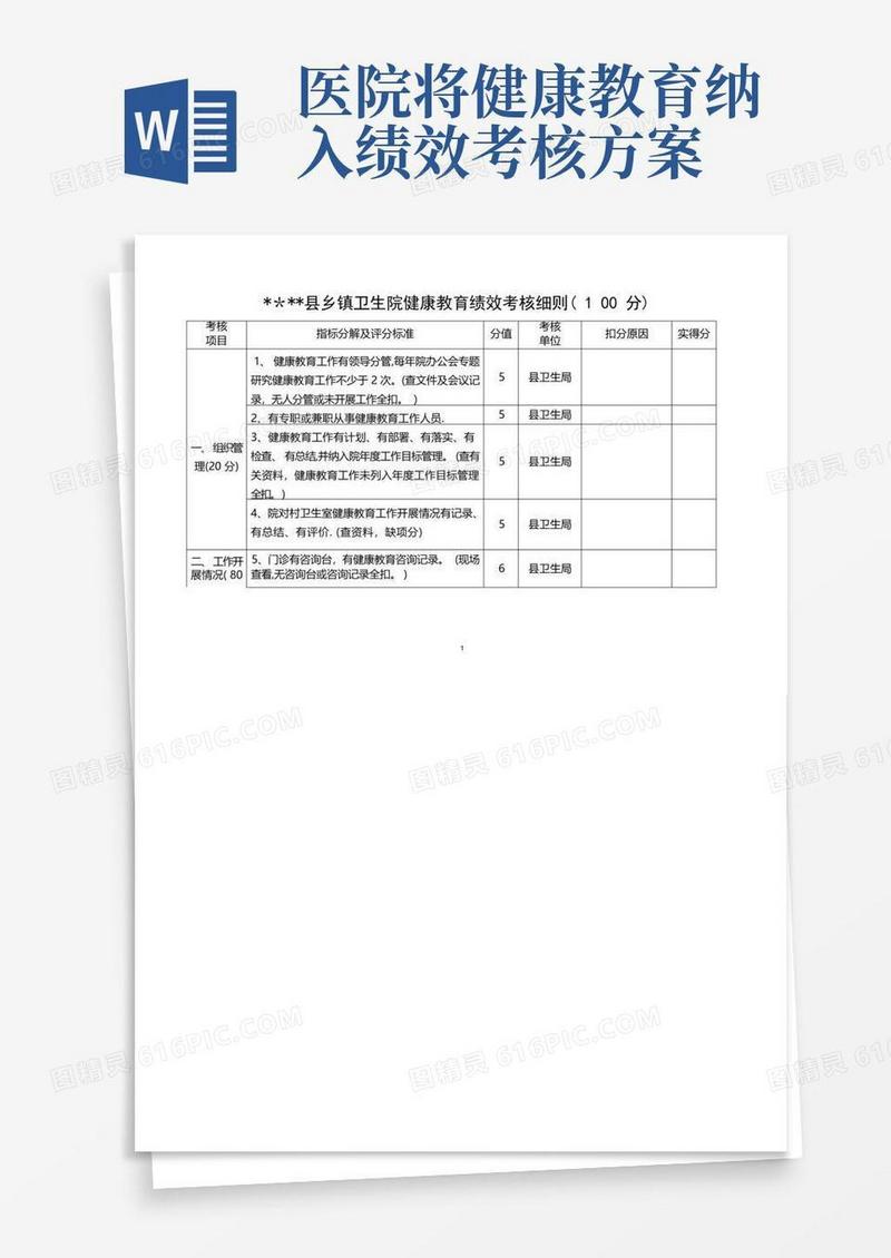 某县乡镇卫生院健康教育绩效考核细则