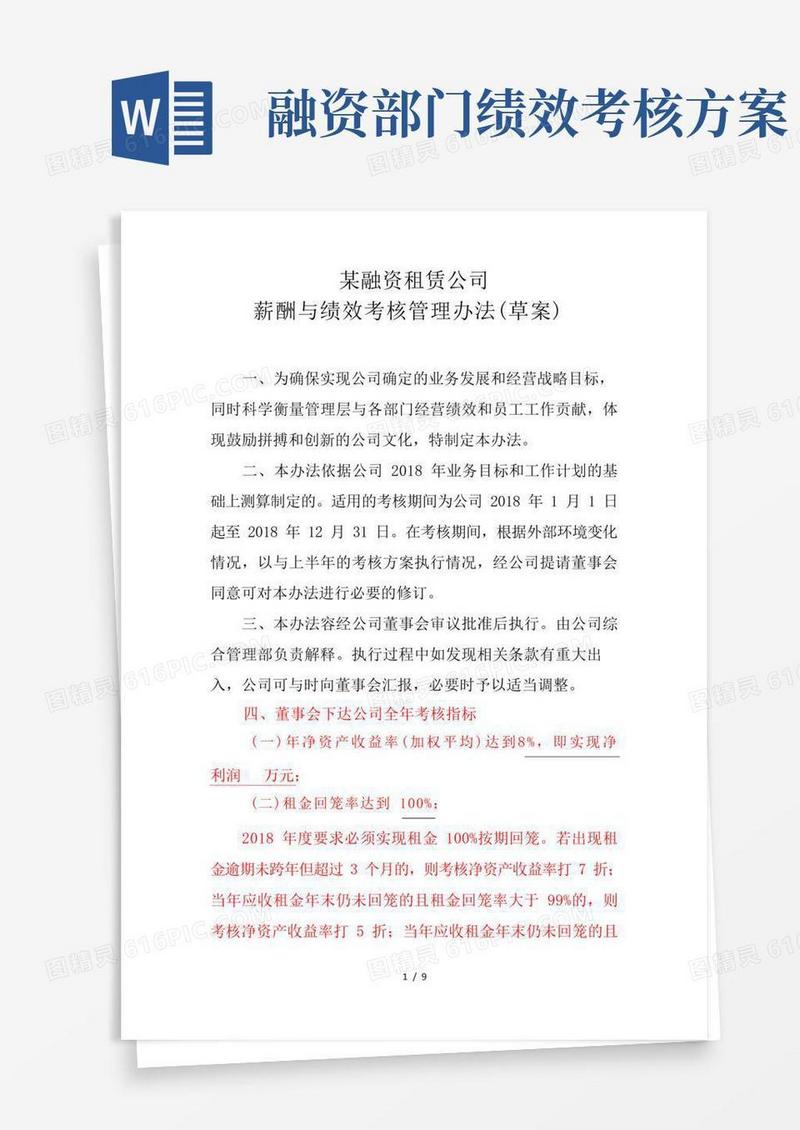 某融资租赁公司薪酬考核办法(草案)