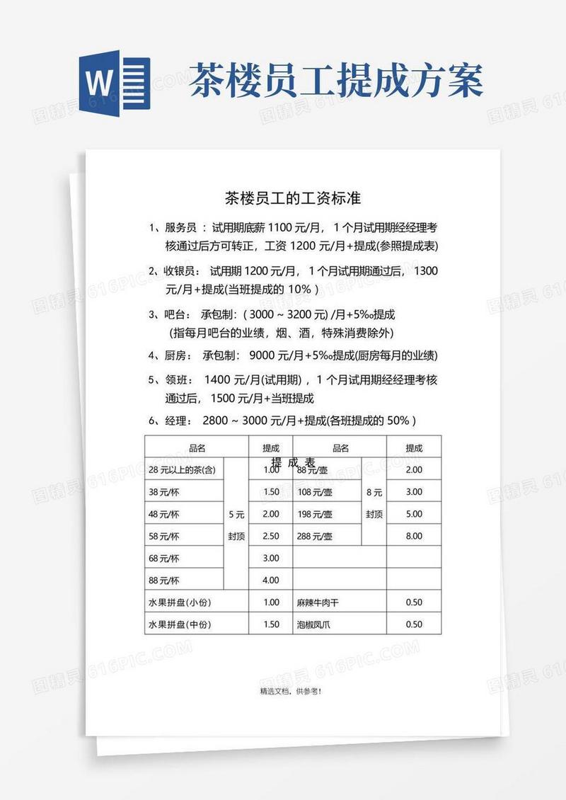 茶楼员工的工资标准