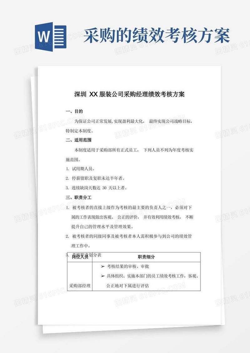 深圳XX服装公司采购经理绩效考核方案