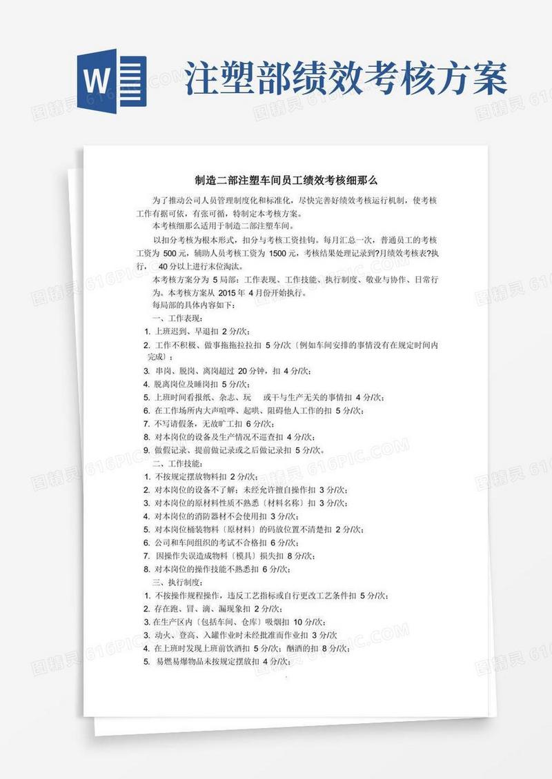 注塑车间员工绩效考核细则