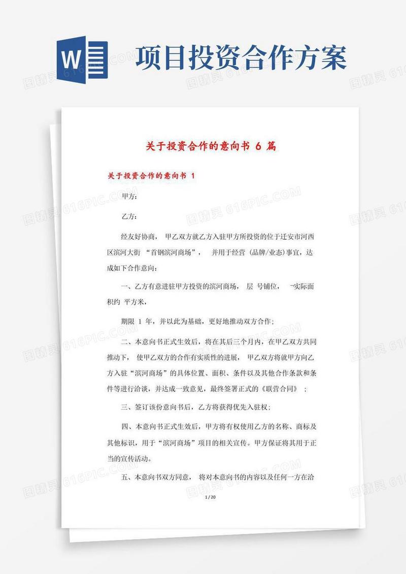 关于投资合作的意向书6篇