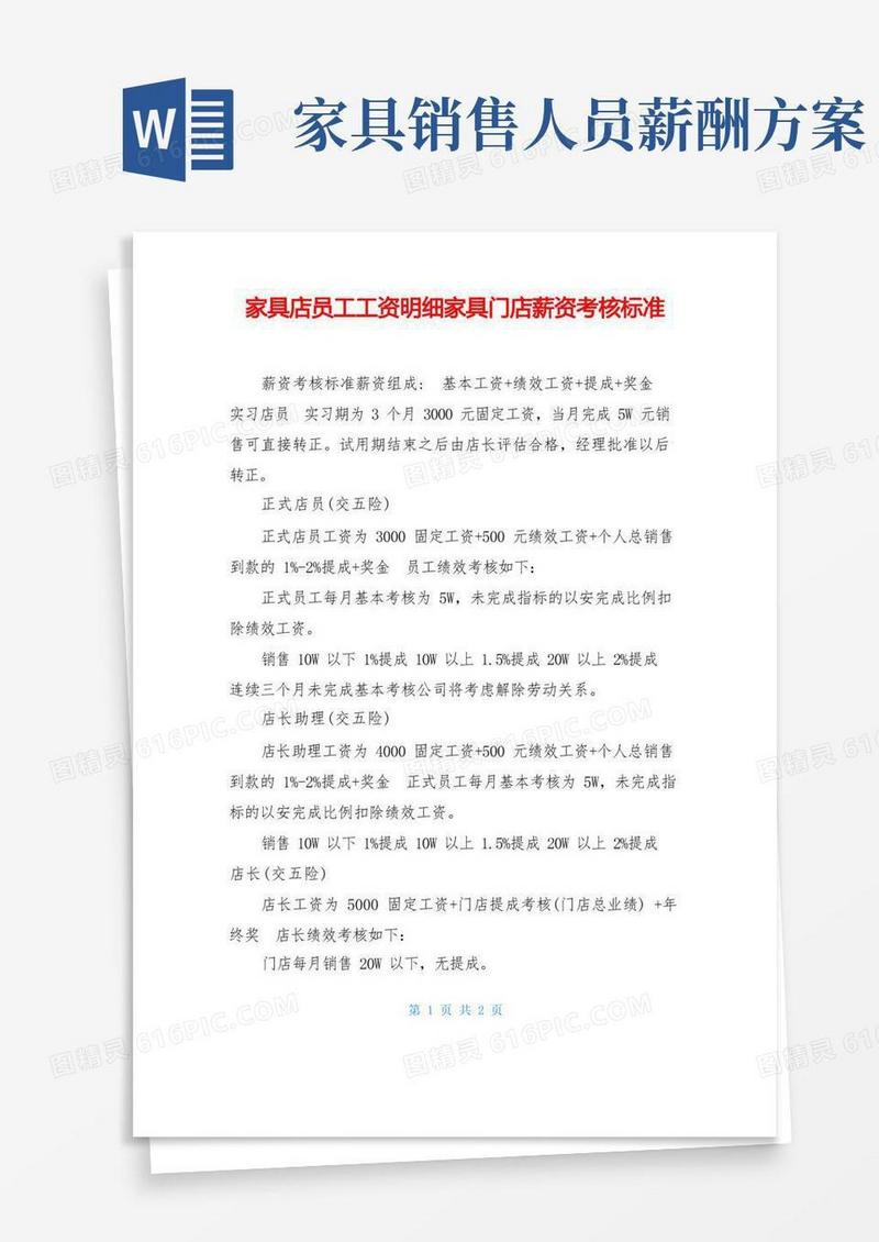 家具店员工工资明细家具门店薪资考核标准