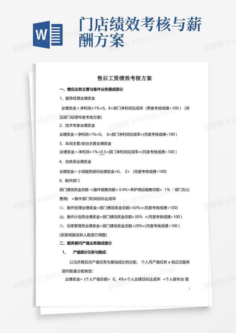 汽车4S店售后服务部工资提成与绩效考核方案
