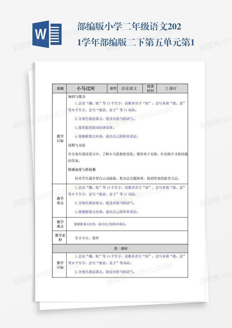 部编版小学二年级语文2021学年部编版二下第五单元第14课小马过河教案表格式