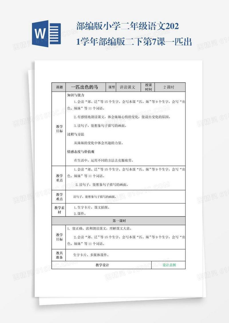 部编版小学二年级语文2021学年部编版二下第7课一匹出色的马教案表格式