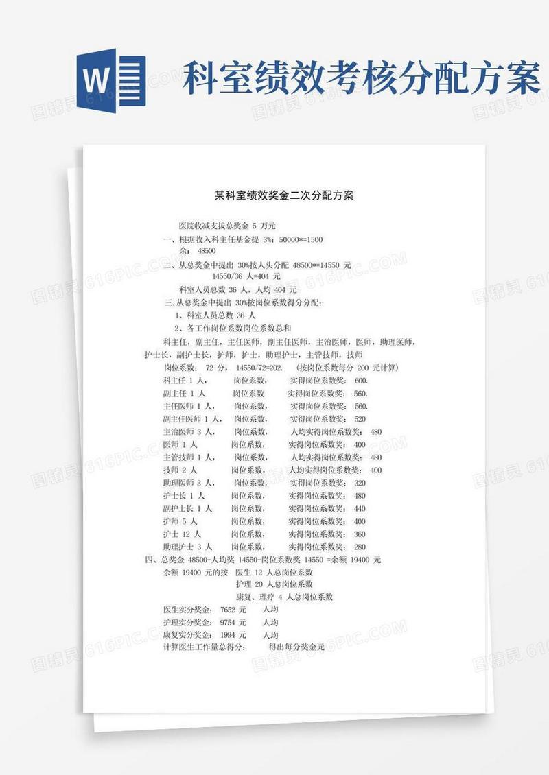 科室绩效奖金二次分配方案