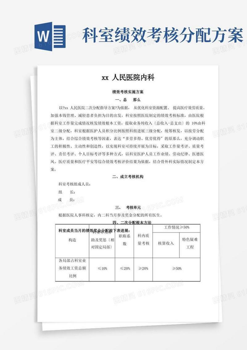 医院内科科室二次绩效分配考核方案