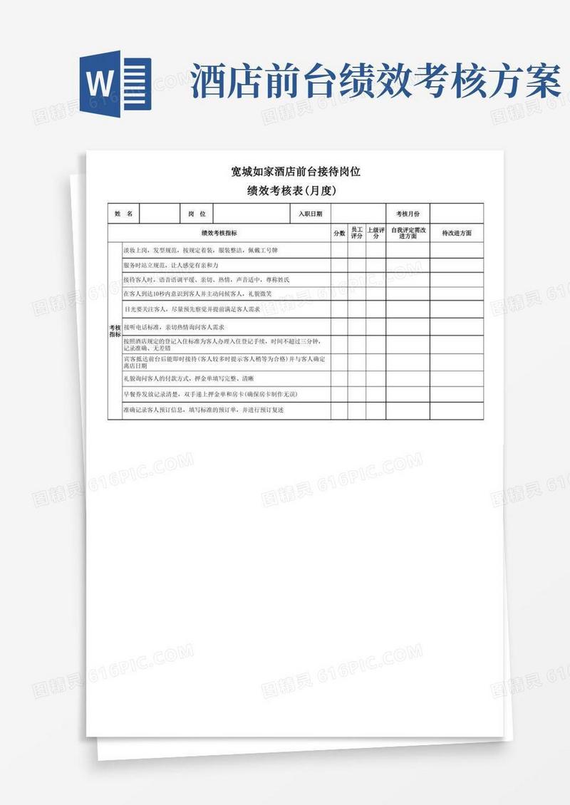如家酒店前台接待岗位绩效考核表