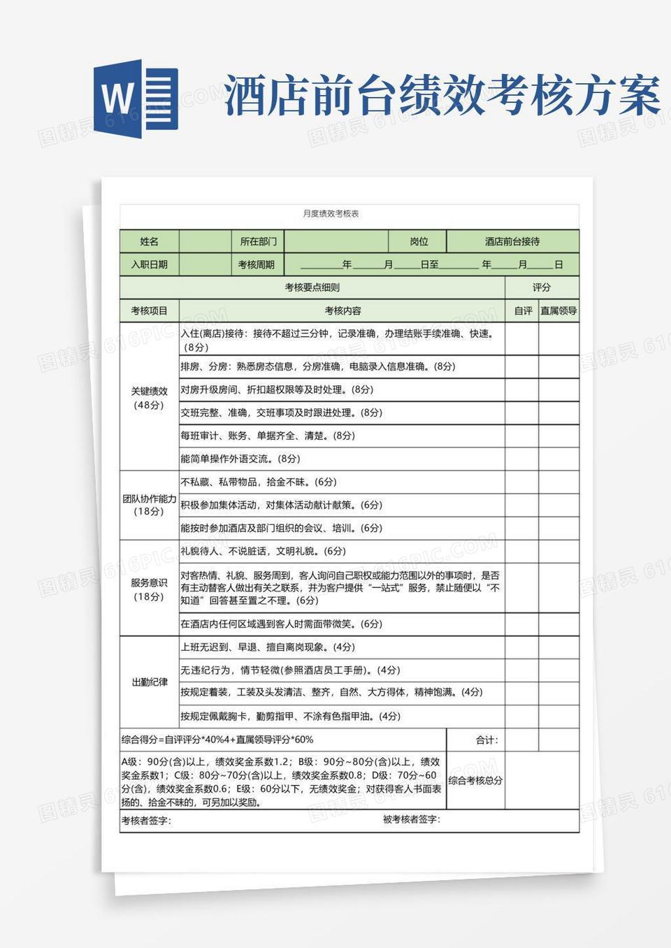 酒店前台接待绩效考核表word模板免费下载_编号1m7a7jl7j_图精灵