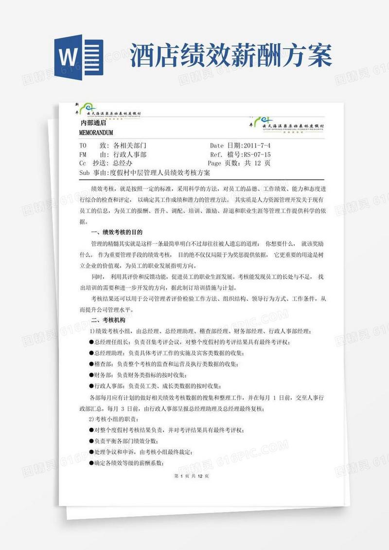 酒店中层管理人员绩效考核方案