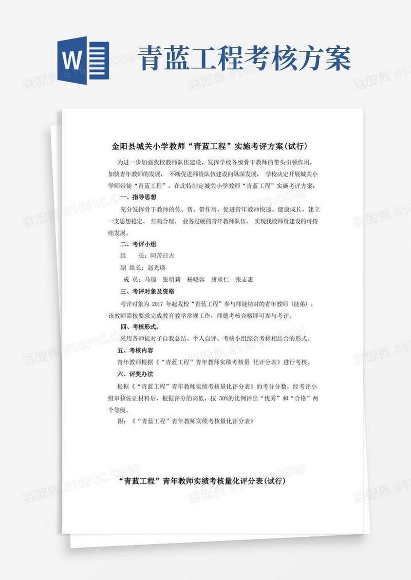 小学教师“青蓝工程”实施考评方案(试行)