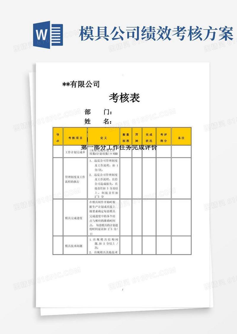 某生产企业模具工程师绩效考核表