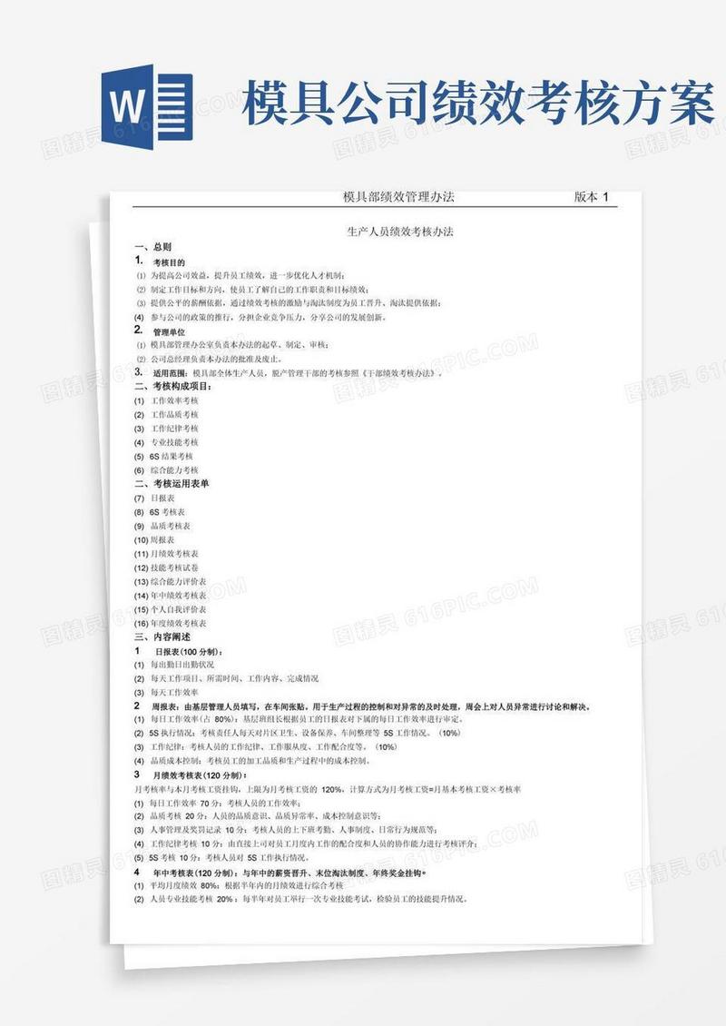 模具部门绩效考核办法(生产人员考核办法)
