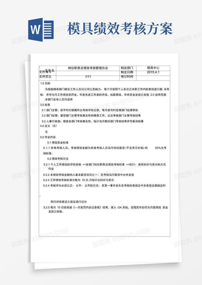 模具部员工岗位职责绩效考核管理方案计划办法