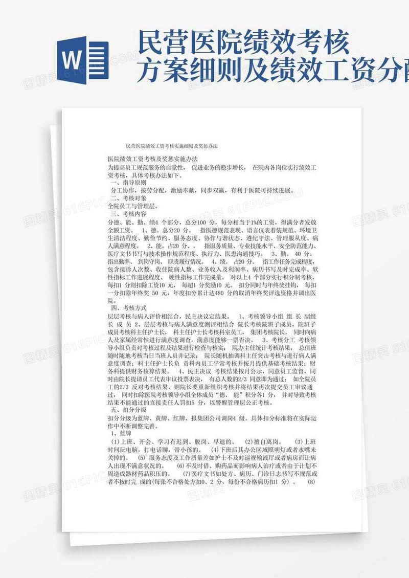 民营医院绩效工资考核实施细则及奖惩办法