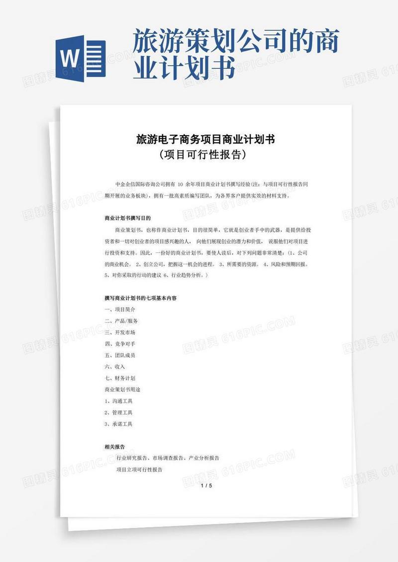 旅游电子商务项目商业计划书