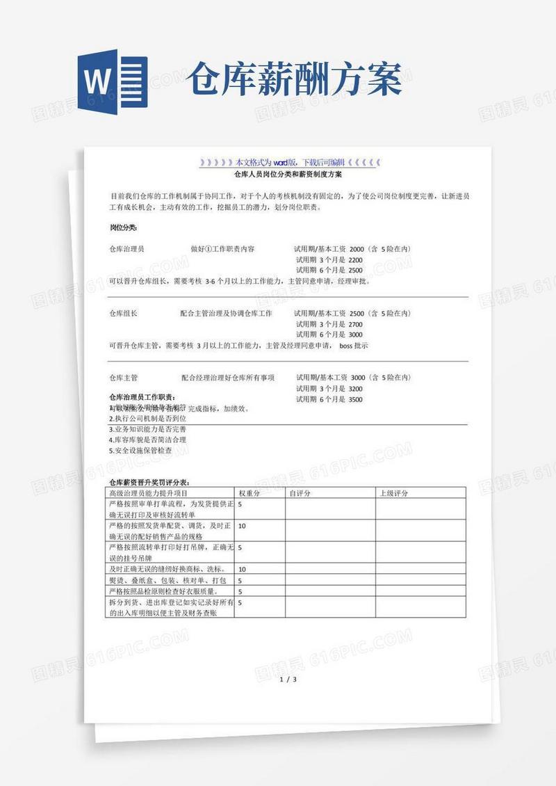 仓库人员岗位分类和薪资制度方案
