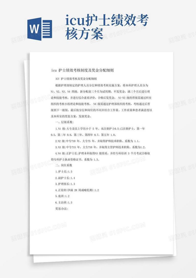 ICU护士绩效考核制度及奖金分配细则