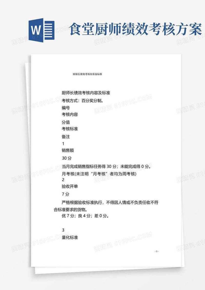 厨师长绩效考核内容及标准