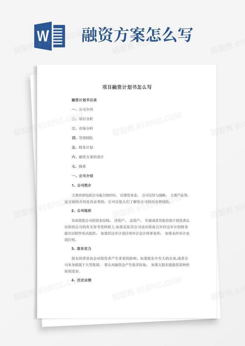 项目融资计划书怎么写【精选文档】