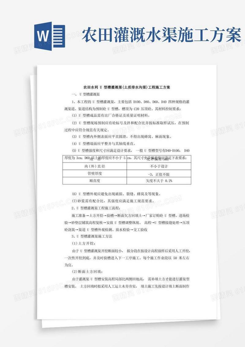 农田水利U型槽灌溉渠(土质排水沟渠)工程施工方案