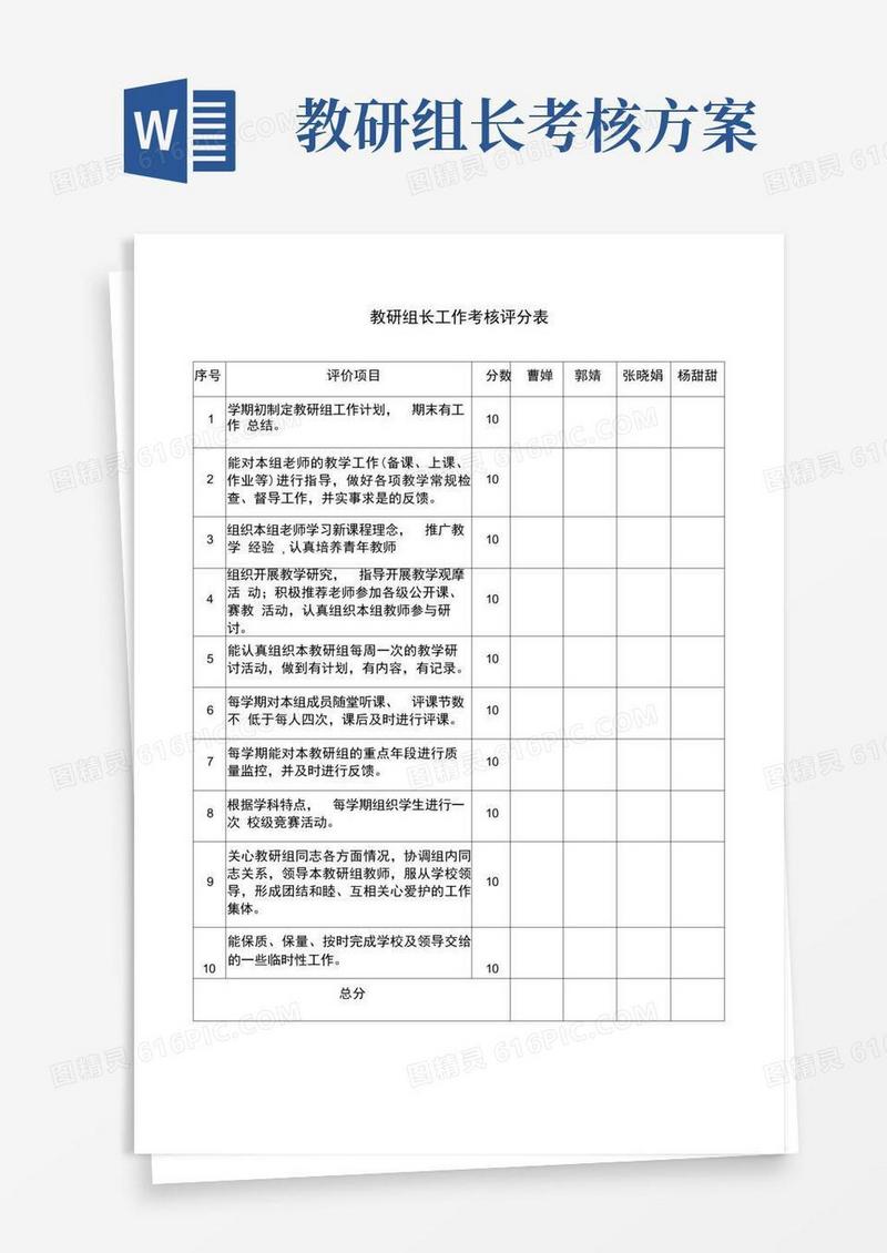 教研组长工作考核评分表