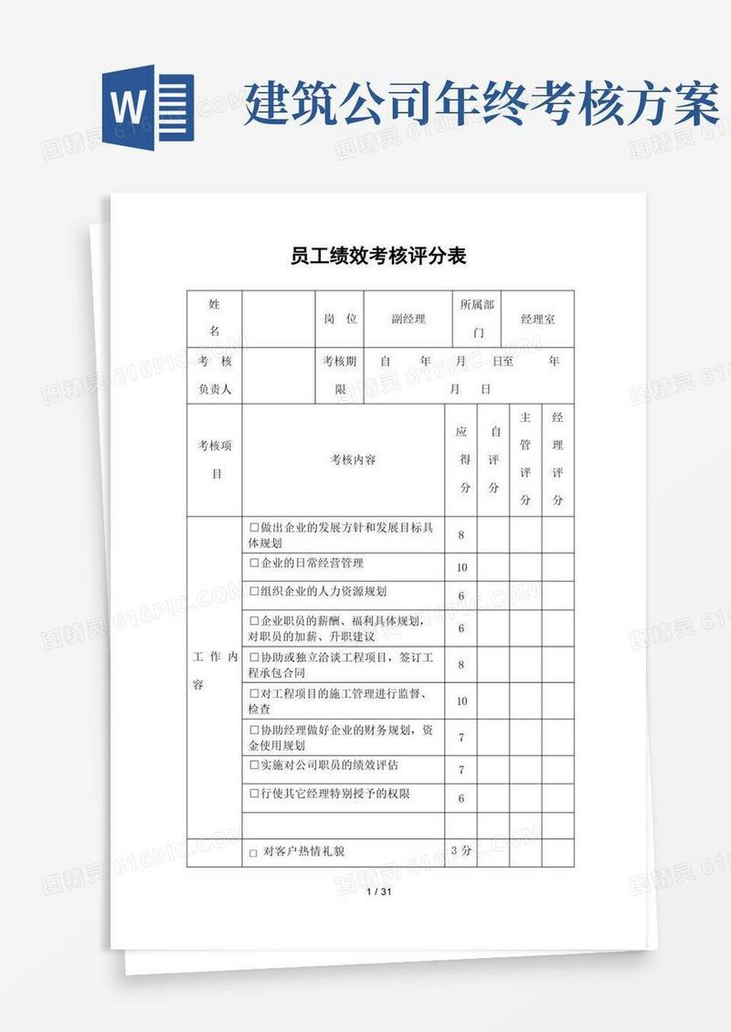 建筑公司员工绩效考核评分表