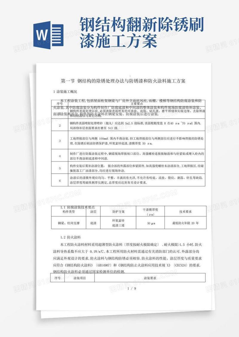 钢结构的除锈处理办法及防锈漆和防火涂料施工方案
