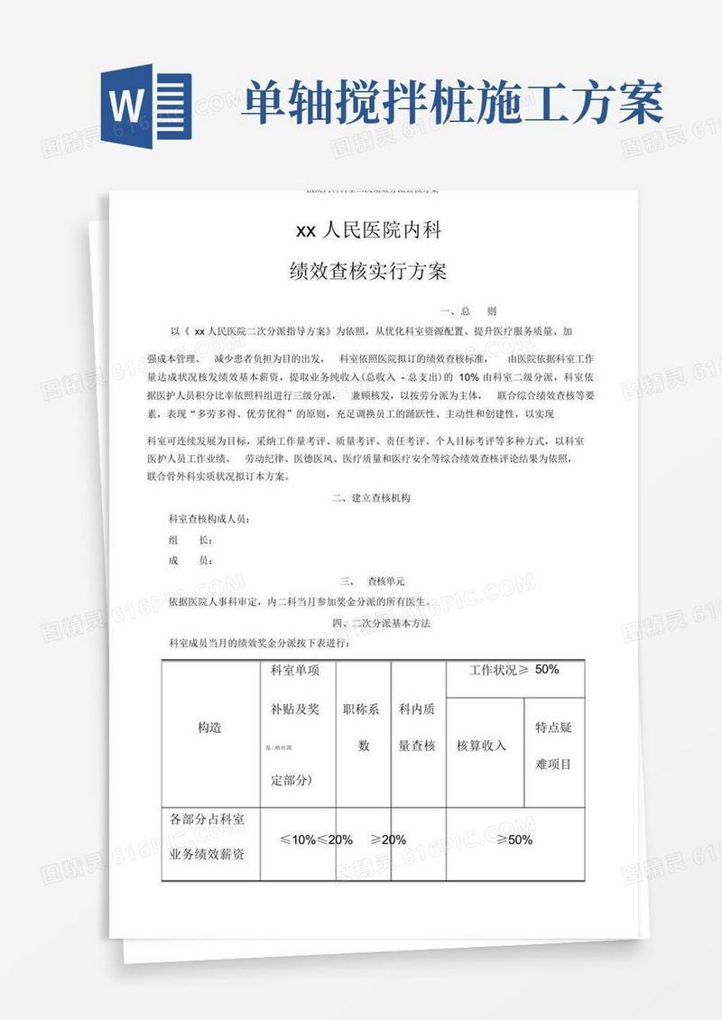 医院内科科室二次绩效分配考核方案