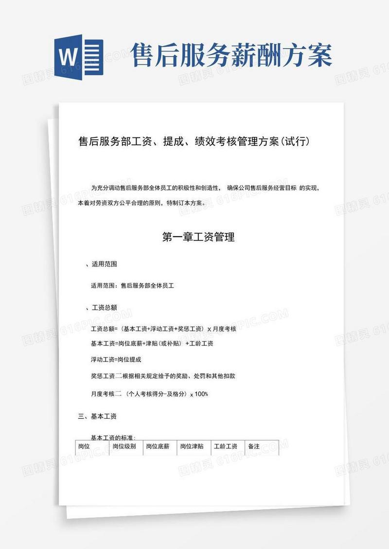 售后服务部工资、提成、绩效考核管理方案